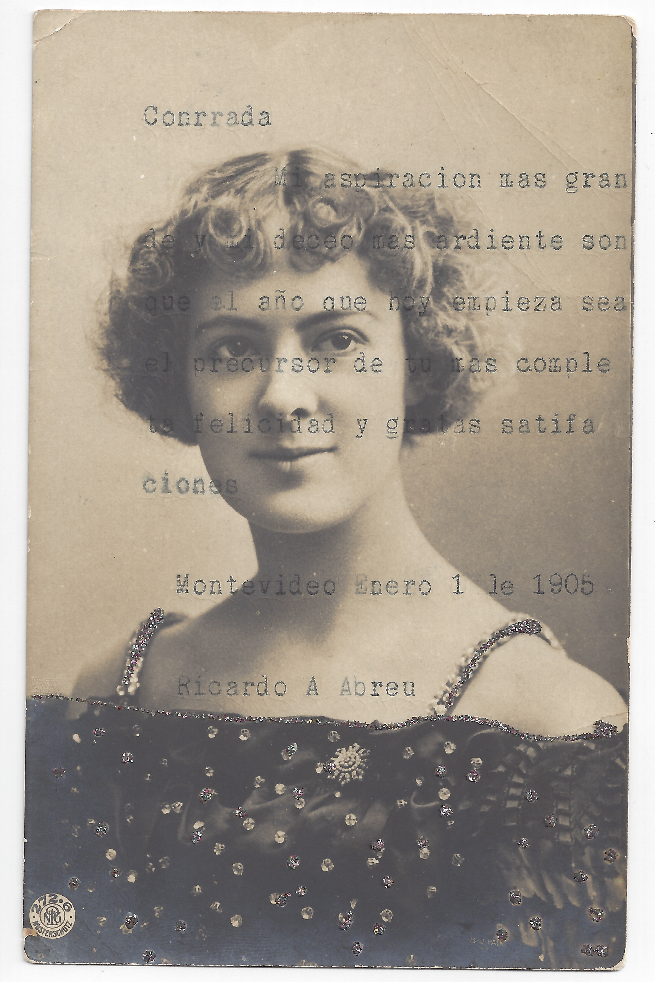 An image of a woman posing and typewritten message.