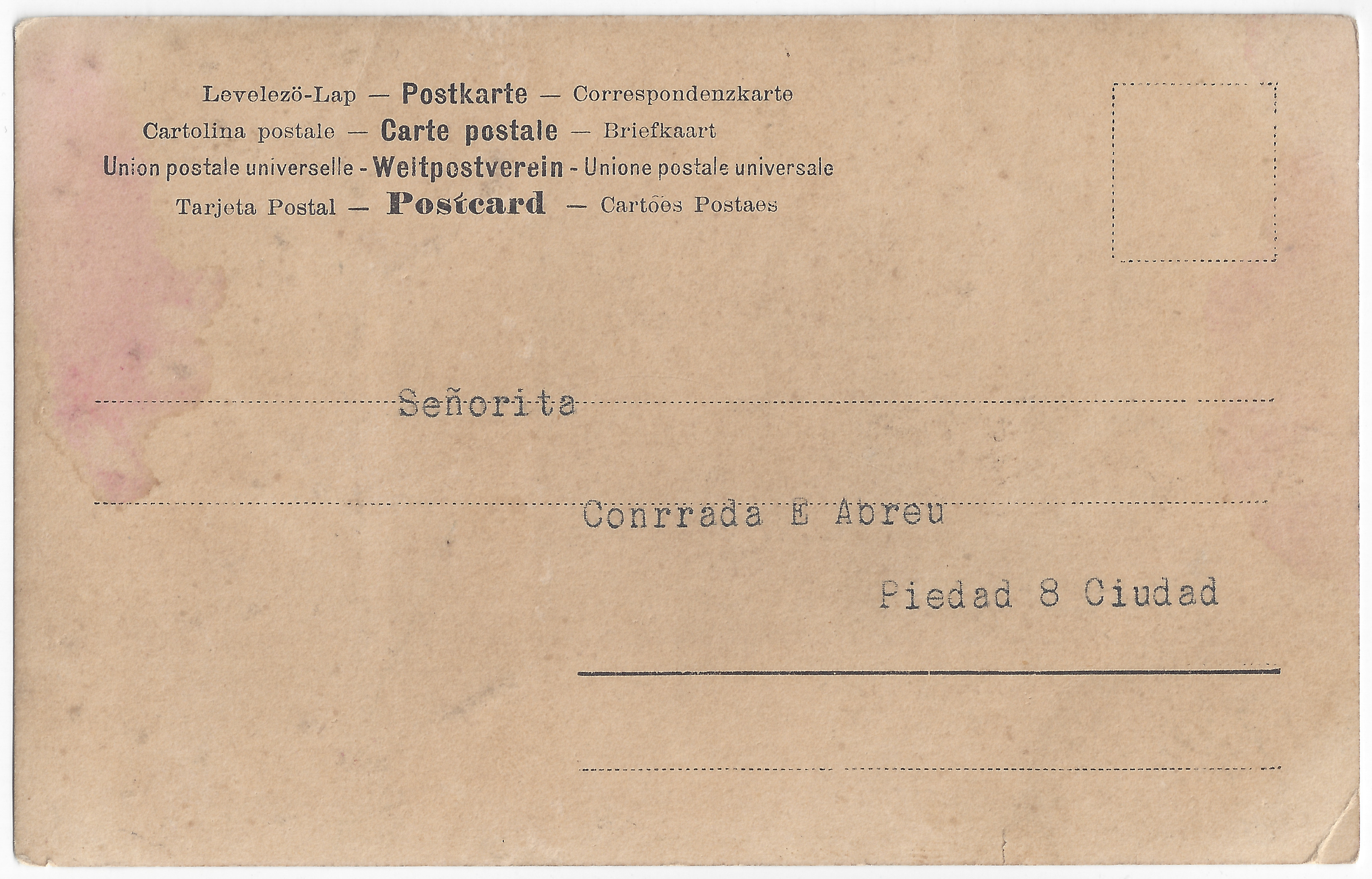 The back of a postcard with the recipient's information
