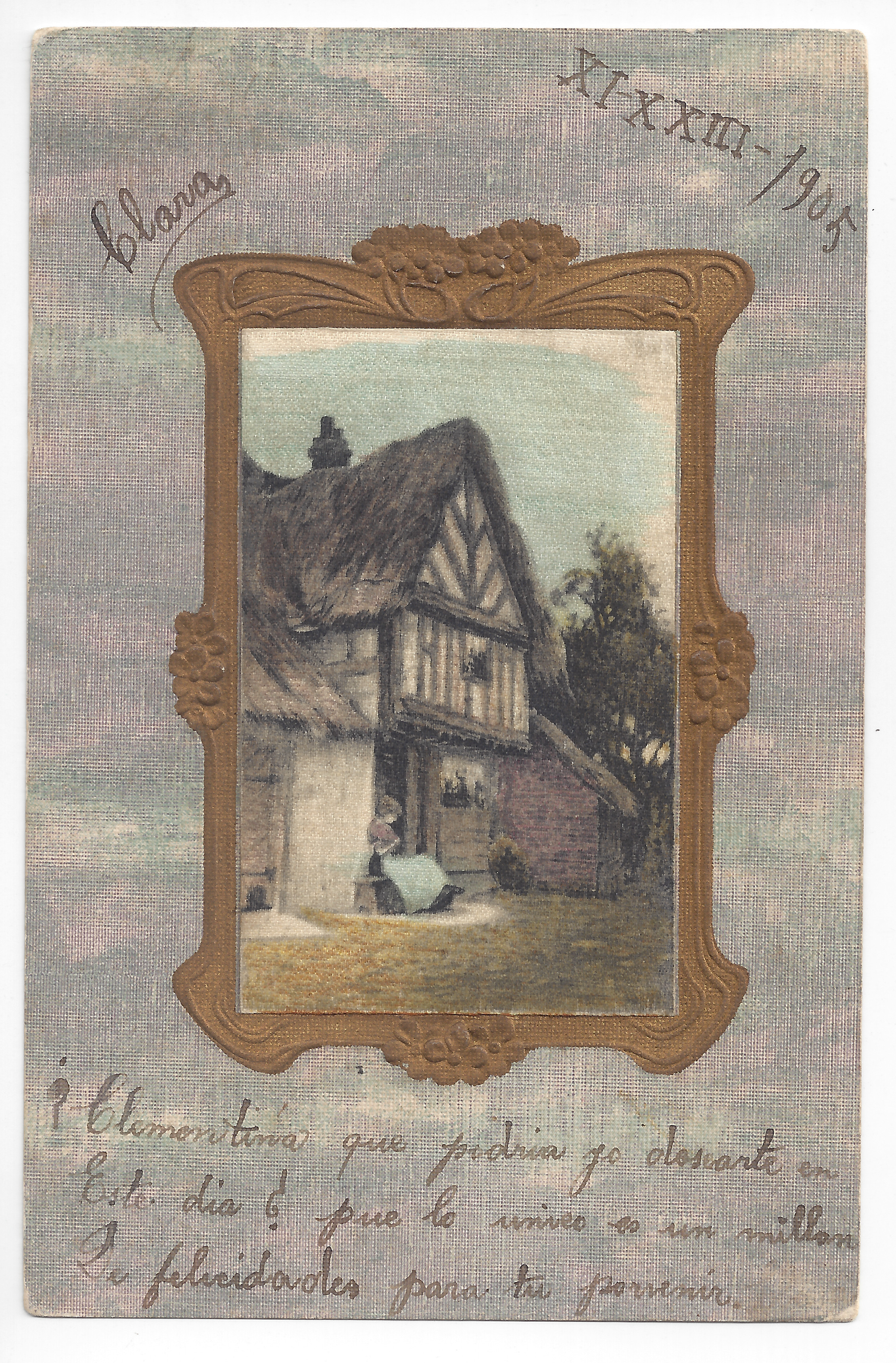 Postcard to Clementina Ghione - Front An image of an old rural cottage in a golden frame; color and relief; handwritten text.