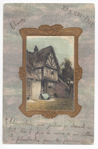 An image of an old rural cottage in a golden frame; color and relief; handwritten text.
