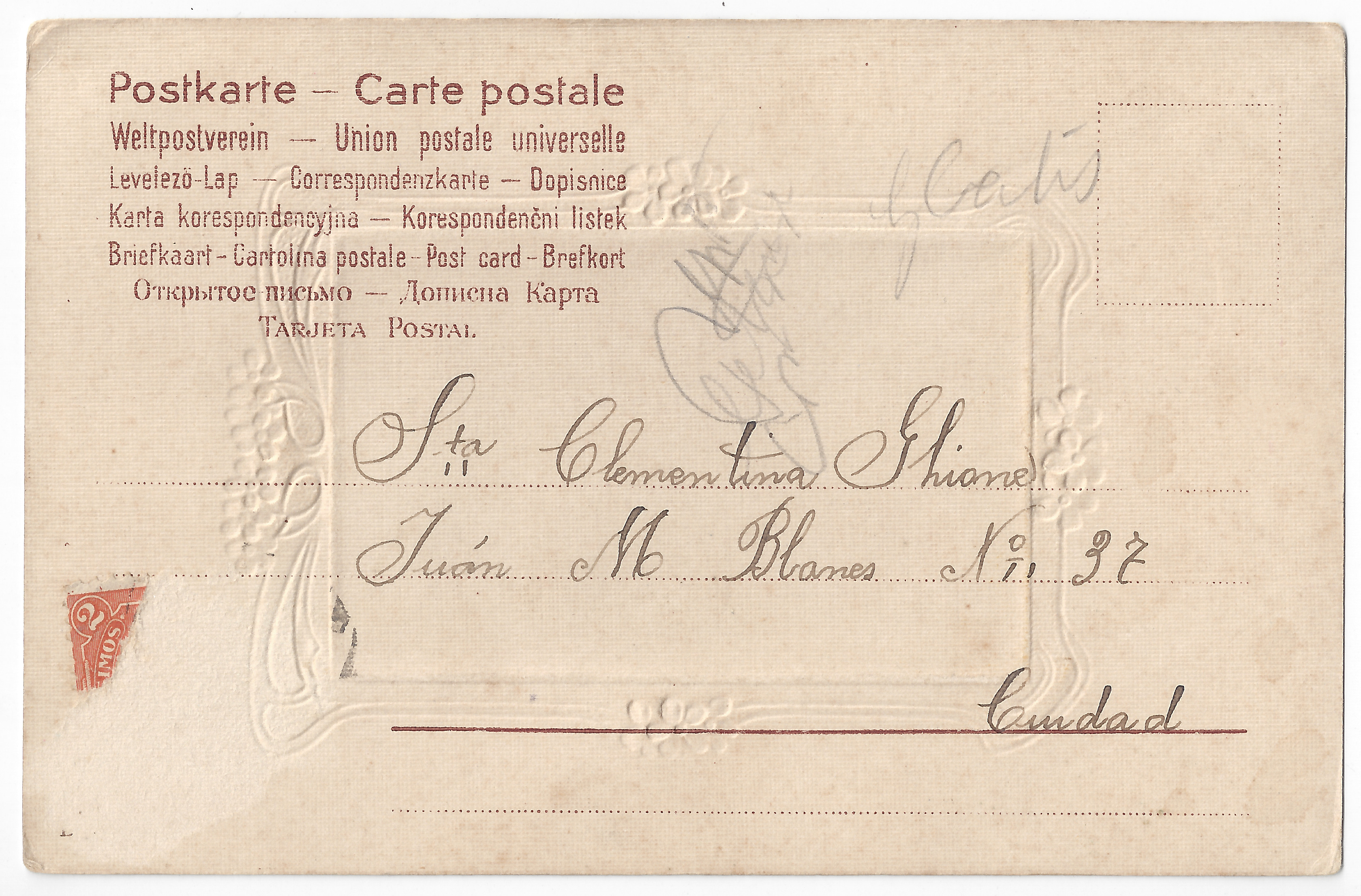 Postcard to Clementina Ghione - Back Handwritten text: recipient and address; a stamp fragment.