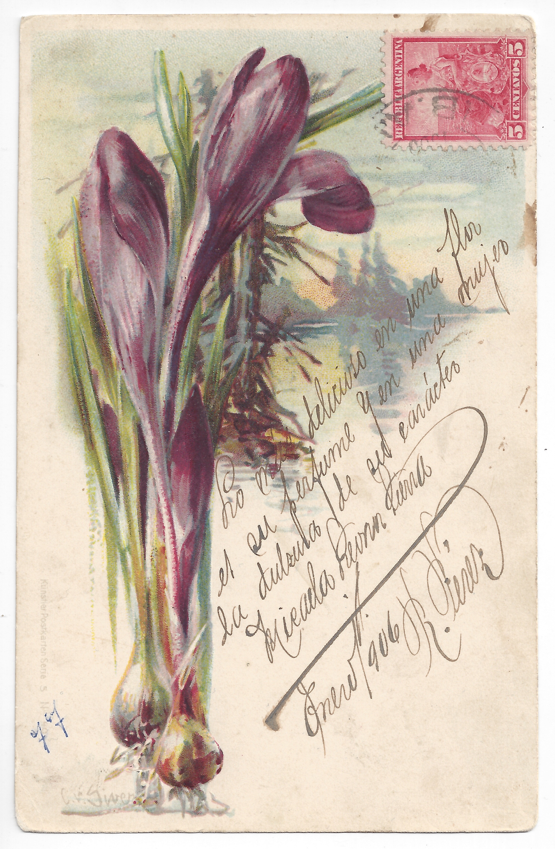 Postcard to Distinguido corresponsal (1) - Front An image of a plant; color and relief; handrwitten text; one stamp.