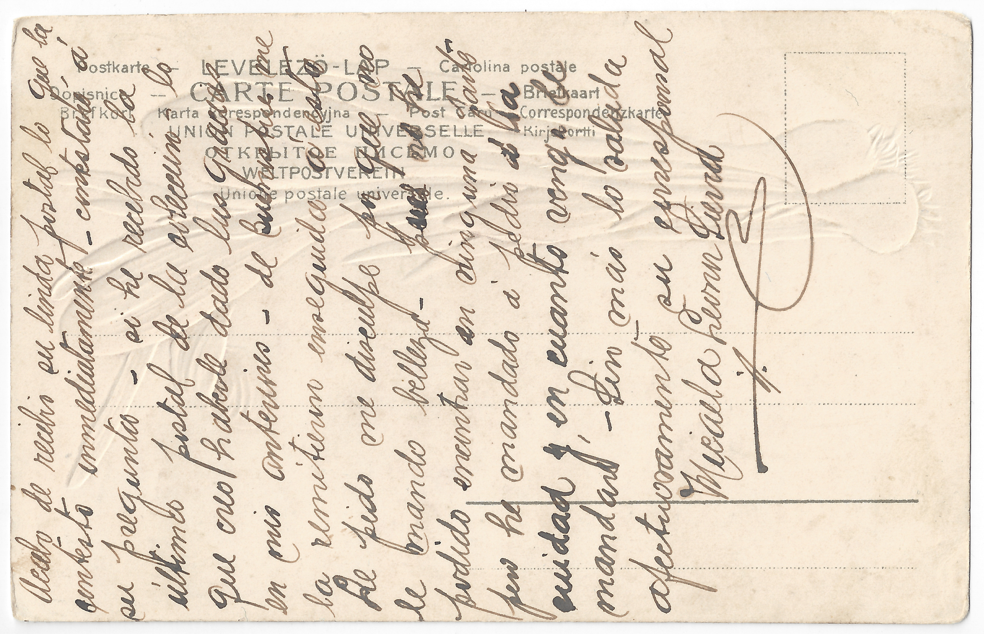 Postcard to Distinguido corresponsal (1) - Back Handwritten text and sender's signature.
