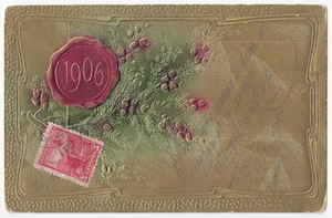 A red 1906 seal and a rosehip branches against a golden background; (metallic) color and relief; handwritten text; one stamp. 