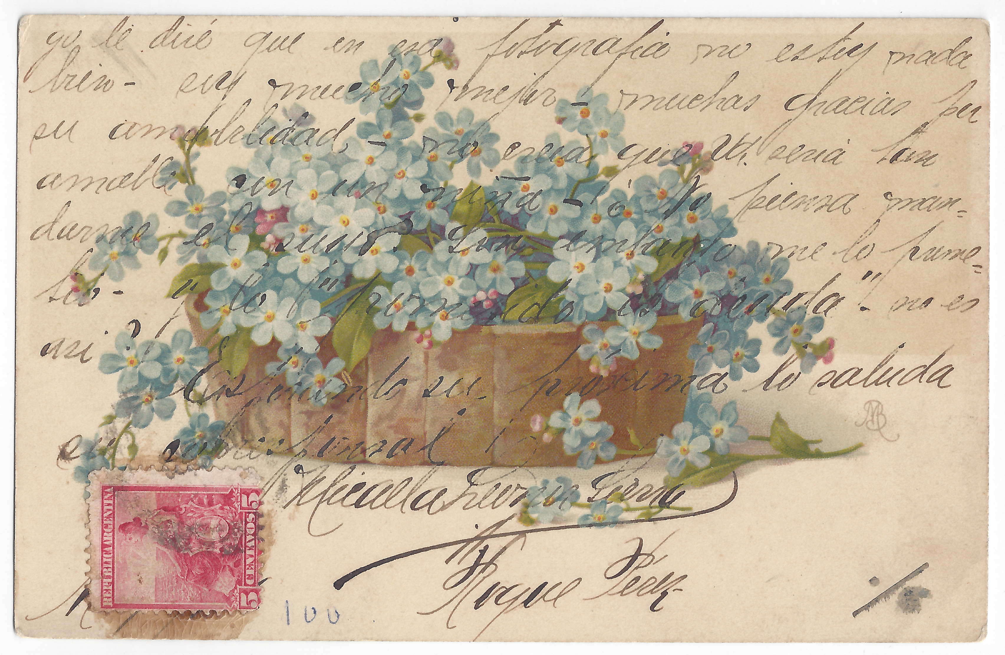 Postcard to Distinguido corresponsal (3) - Front An image of a flower basket; color; handwritten text; one stamp.