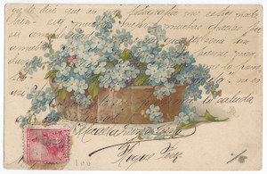 An image of a flower basket; color; handwritten text; one stamp.
