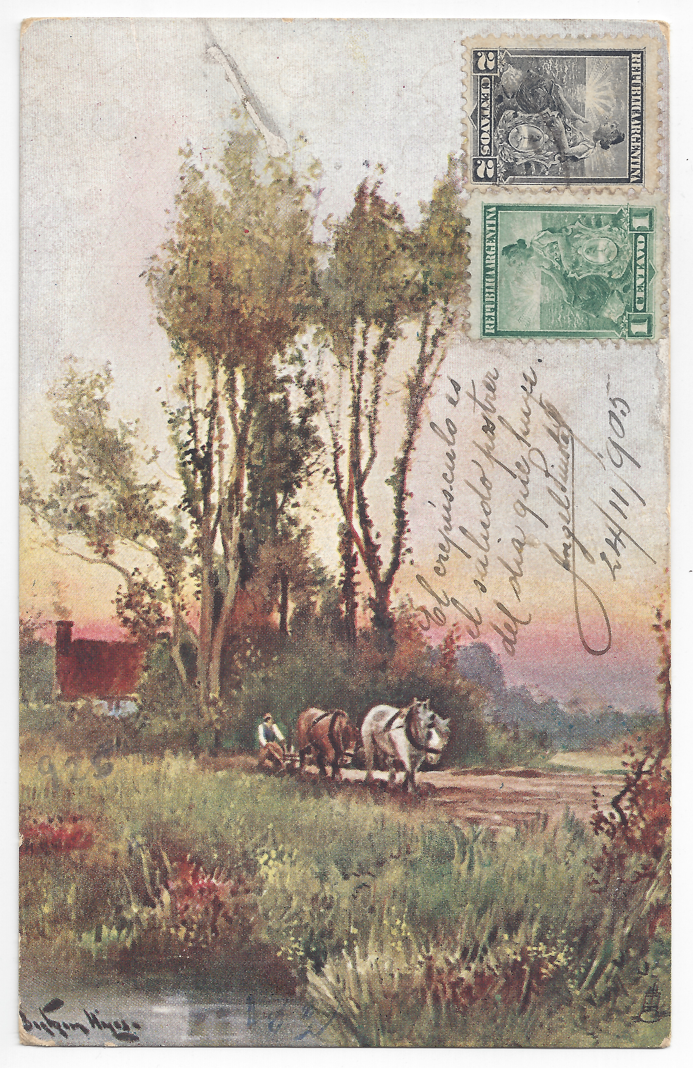 A rural landscape, including two horses and a farmer; color; handwritten text; two stamps.