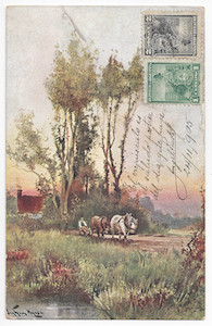 A rural landscape, including two horses and a farmer; color; handwritten text; two stamps.