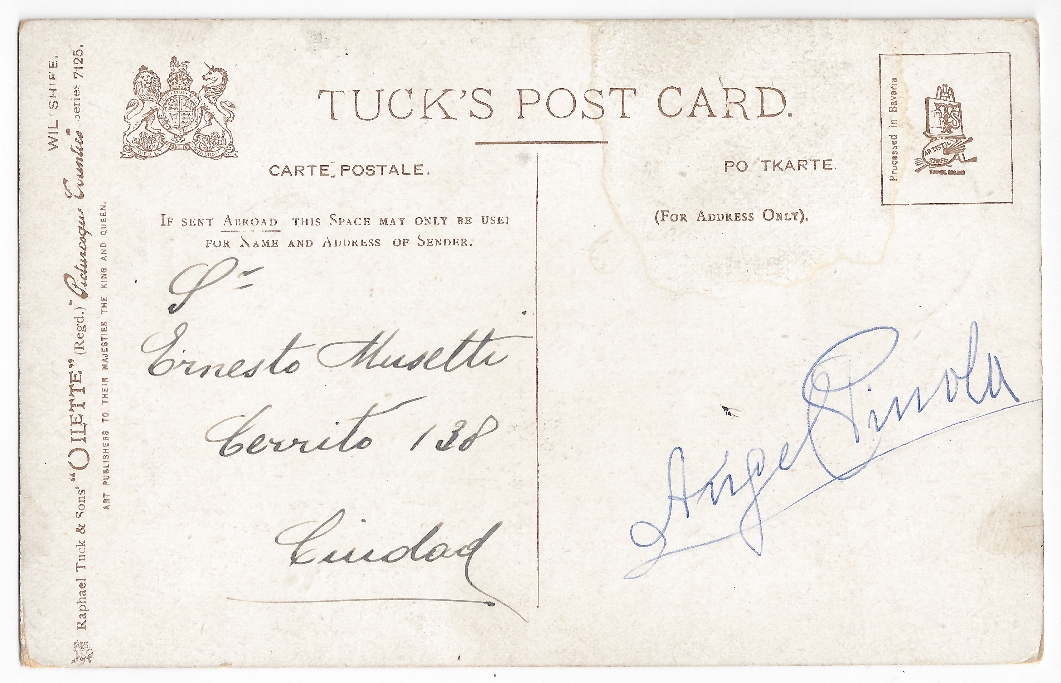 Handwritten text: recipient and address.