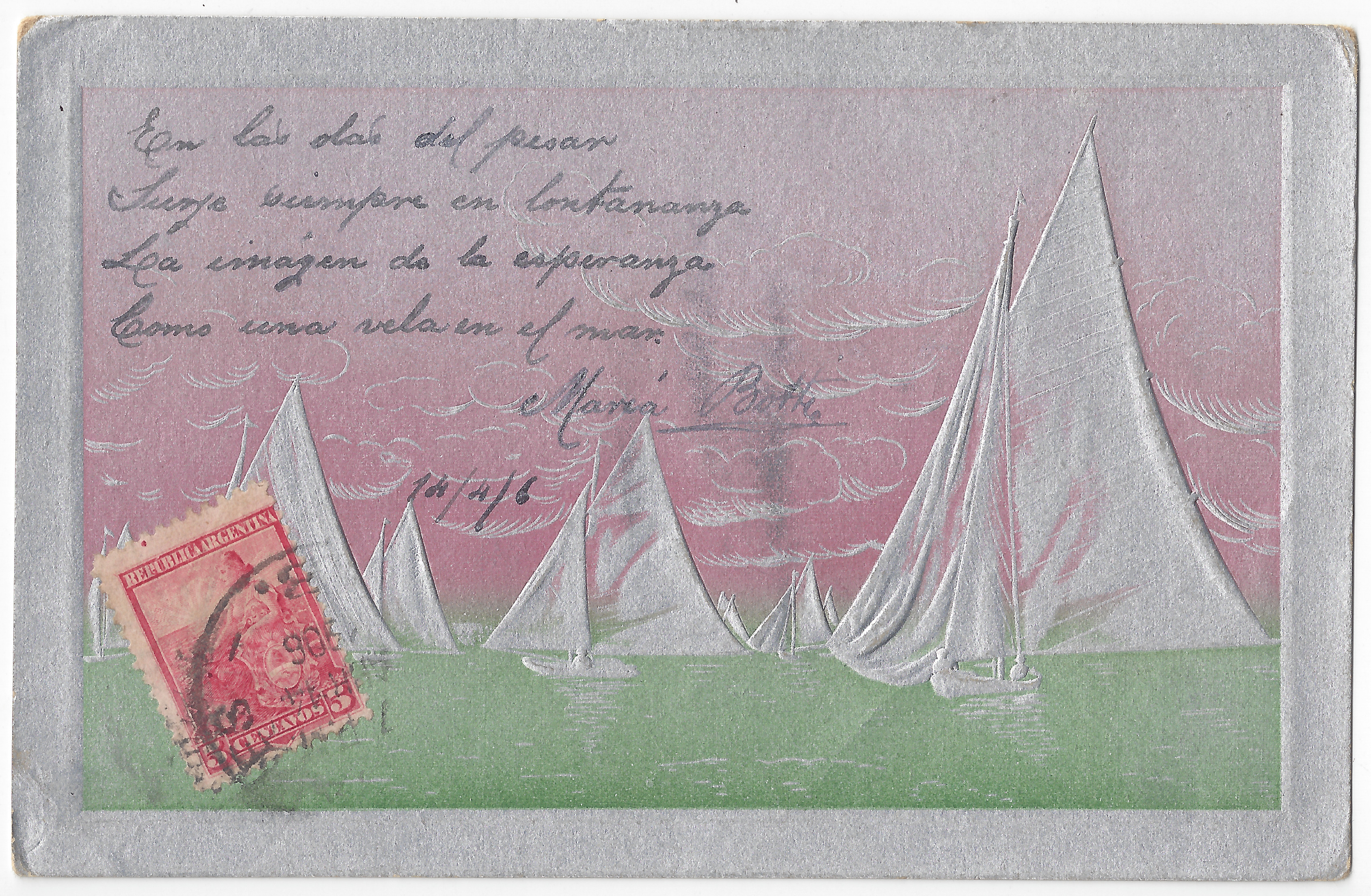 Postcard to Ernesto Musetti (2) - Front Maritime motif, sailboats in the horizon; (metallic) colors and relief; handwritten text; one stamp.