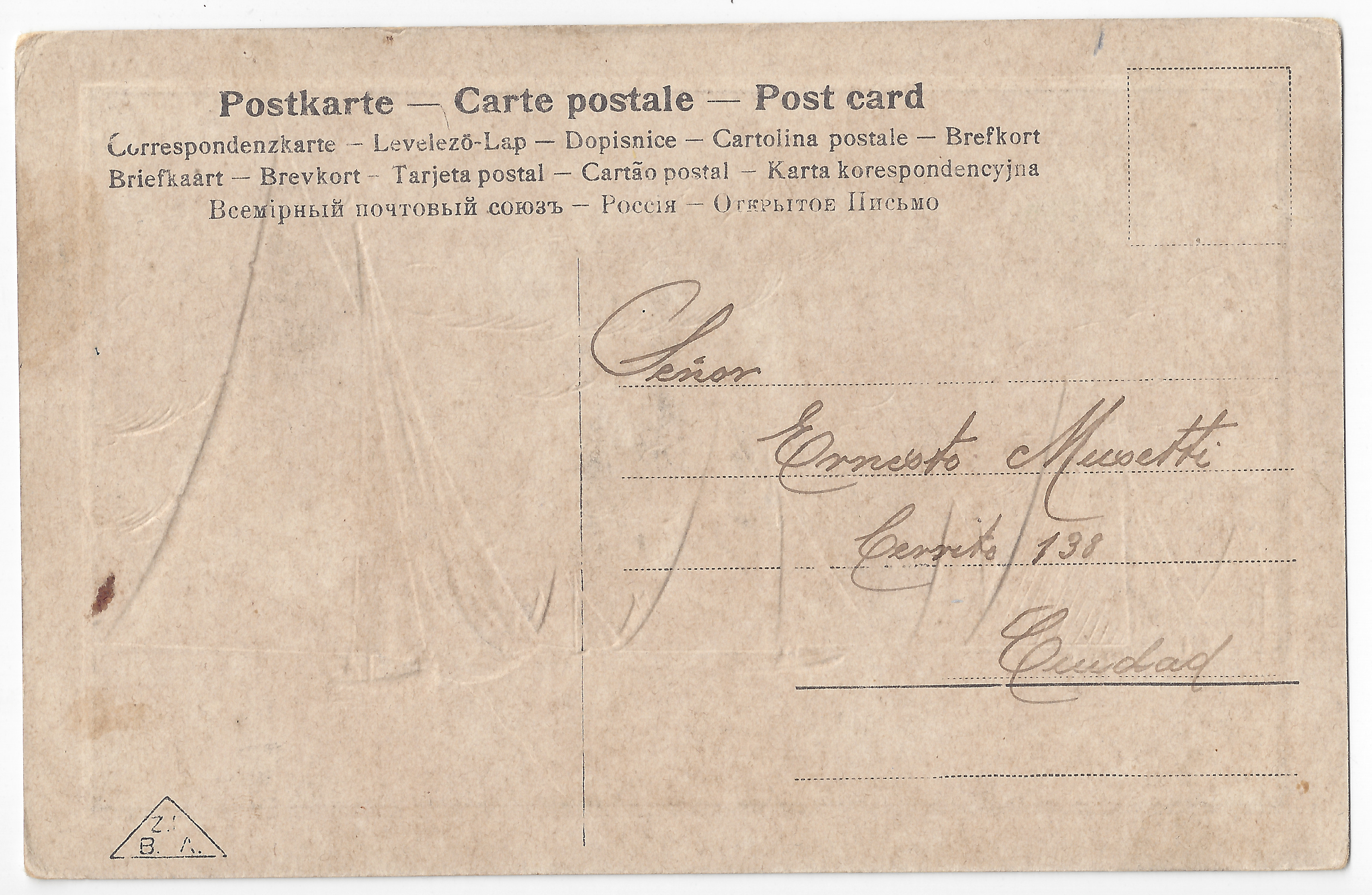 Postcard to Ernesto Musetti (2) - Back Handwritten text: recipient and address.