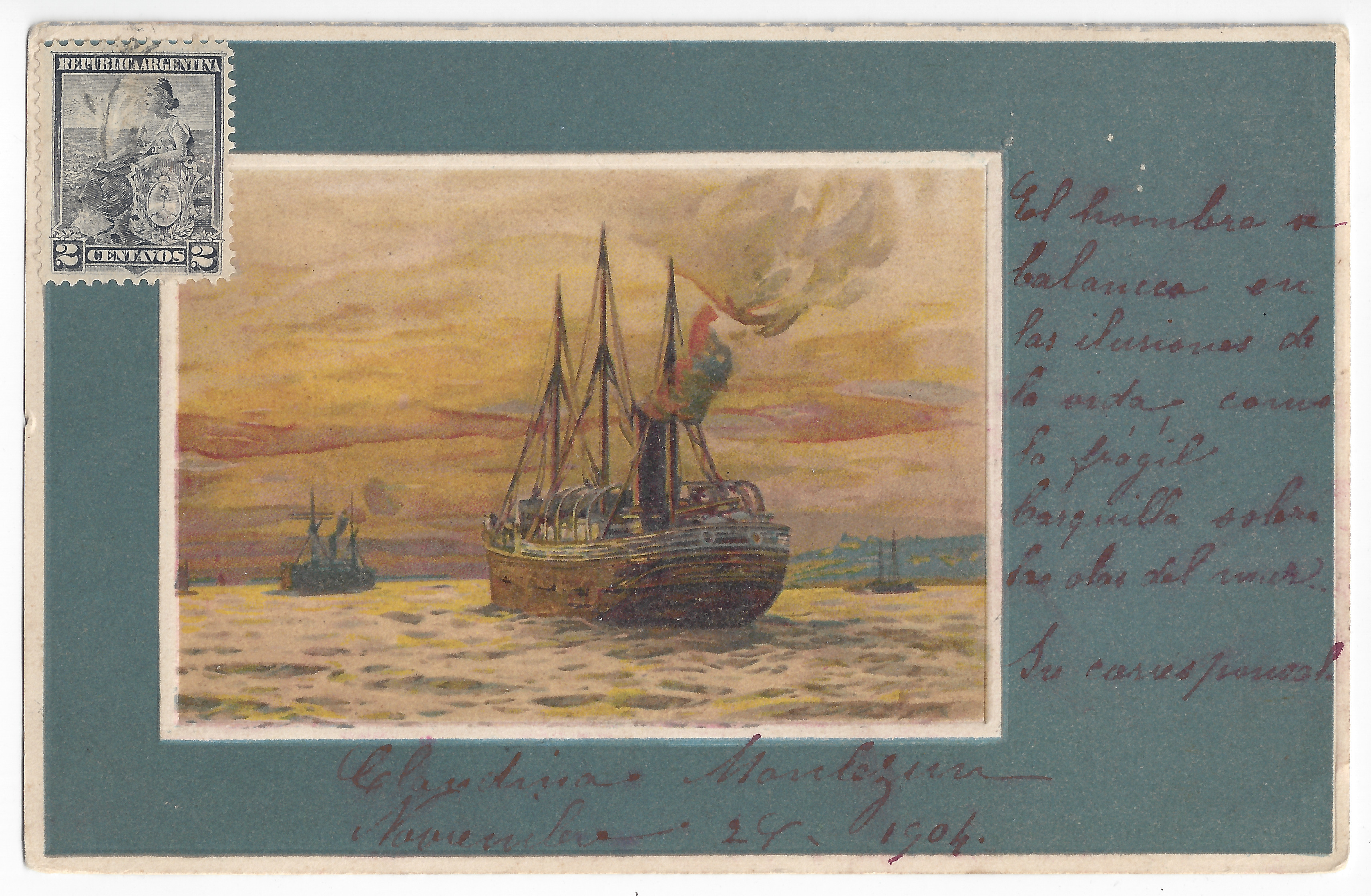 Postcard to Ernesto Musetti (4) - Front Maritime motif, ships in the ocean; color; handwritten text; one stamp.