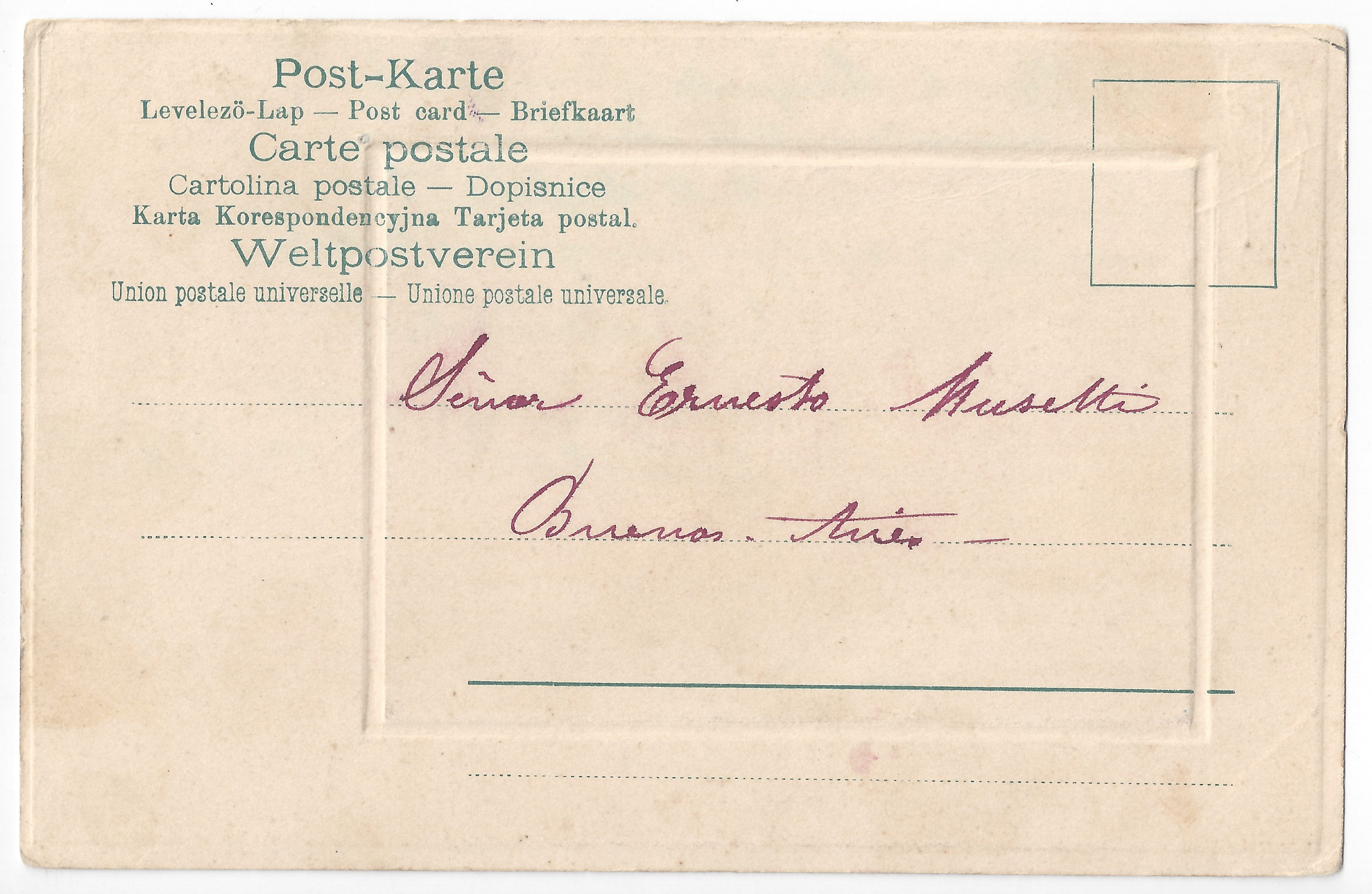 Postcarrd to Ernesto Musetti (4) Handwritten text: recipient and address.