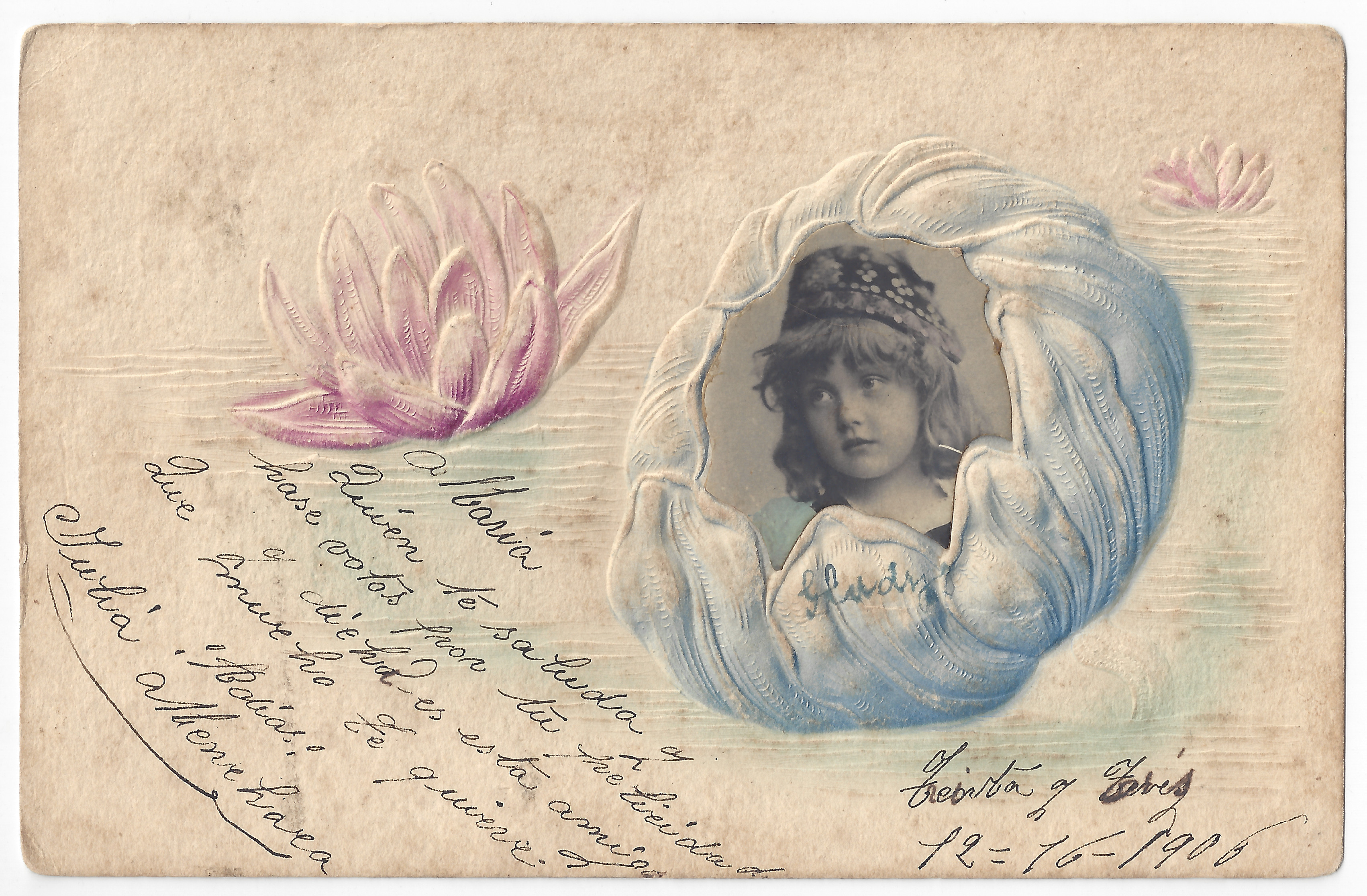 Two flowers, one with the face of a child (pasted); color (hand-coloring) and relief; handwritten text.