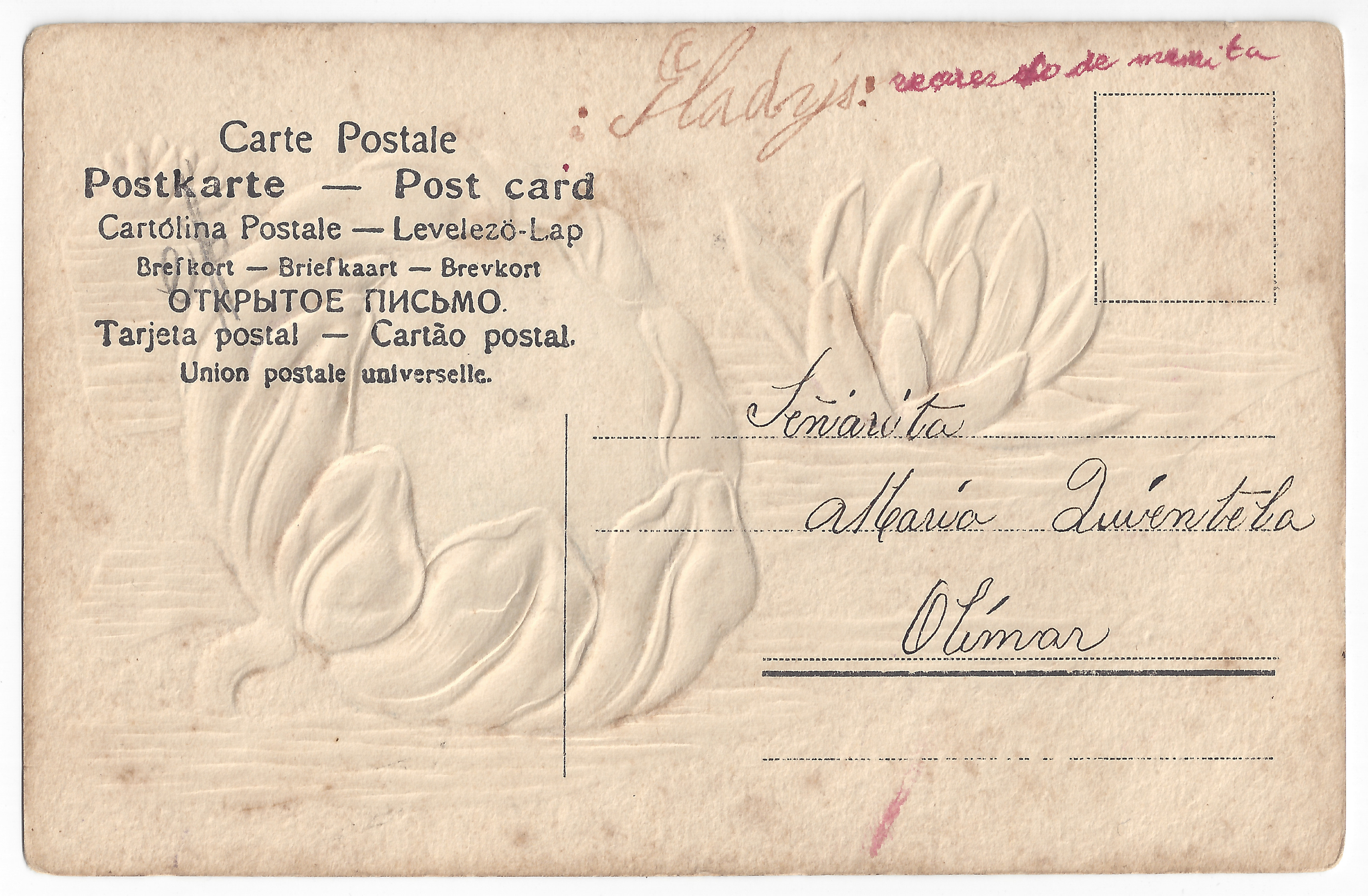 Handwritten text: recipient and address.