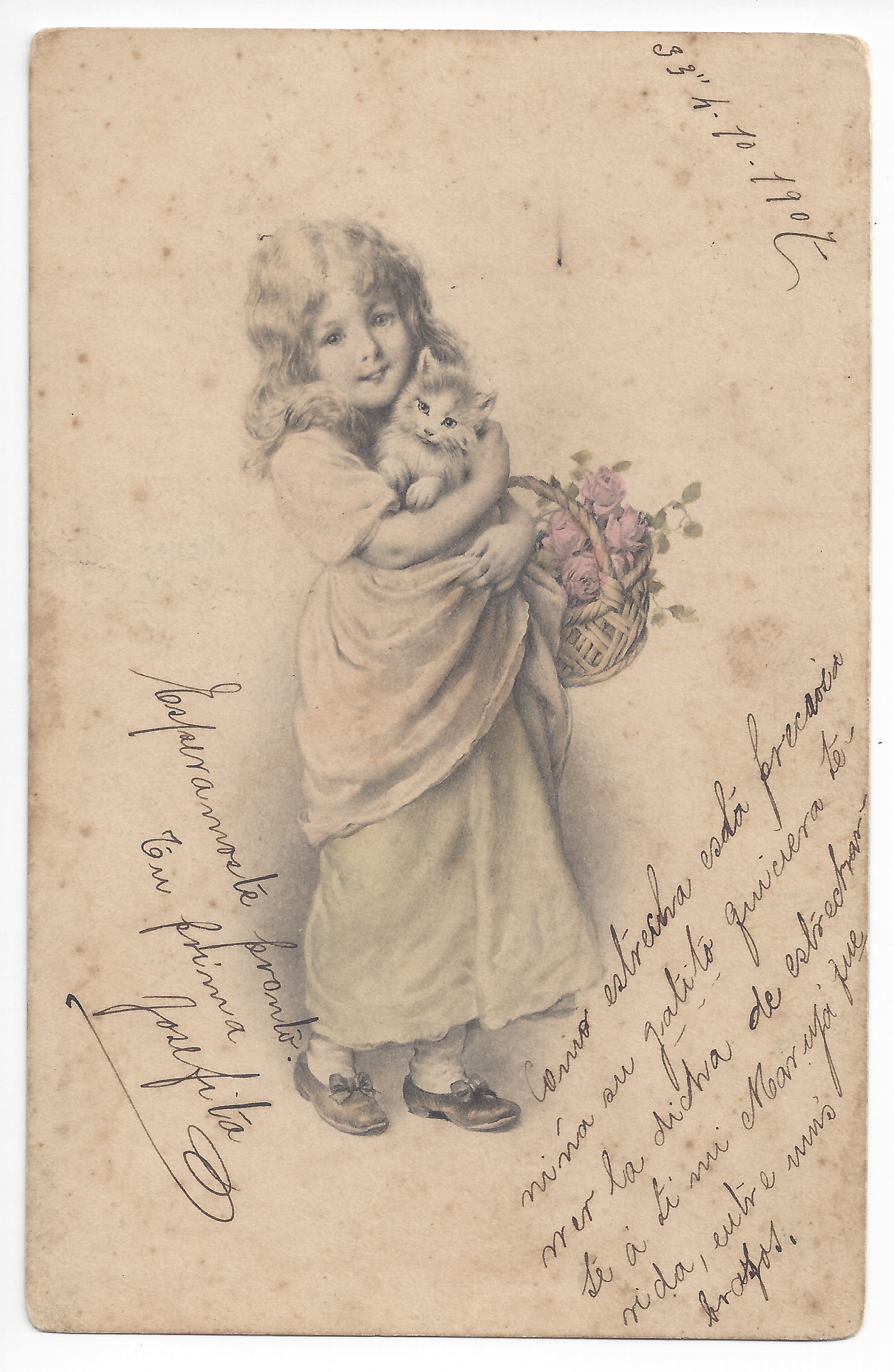 A girl hugging a cat; color (hand-coloring); handwritten text.