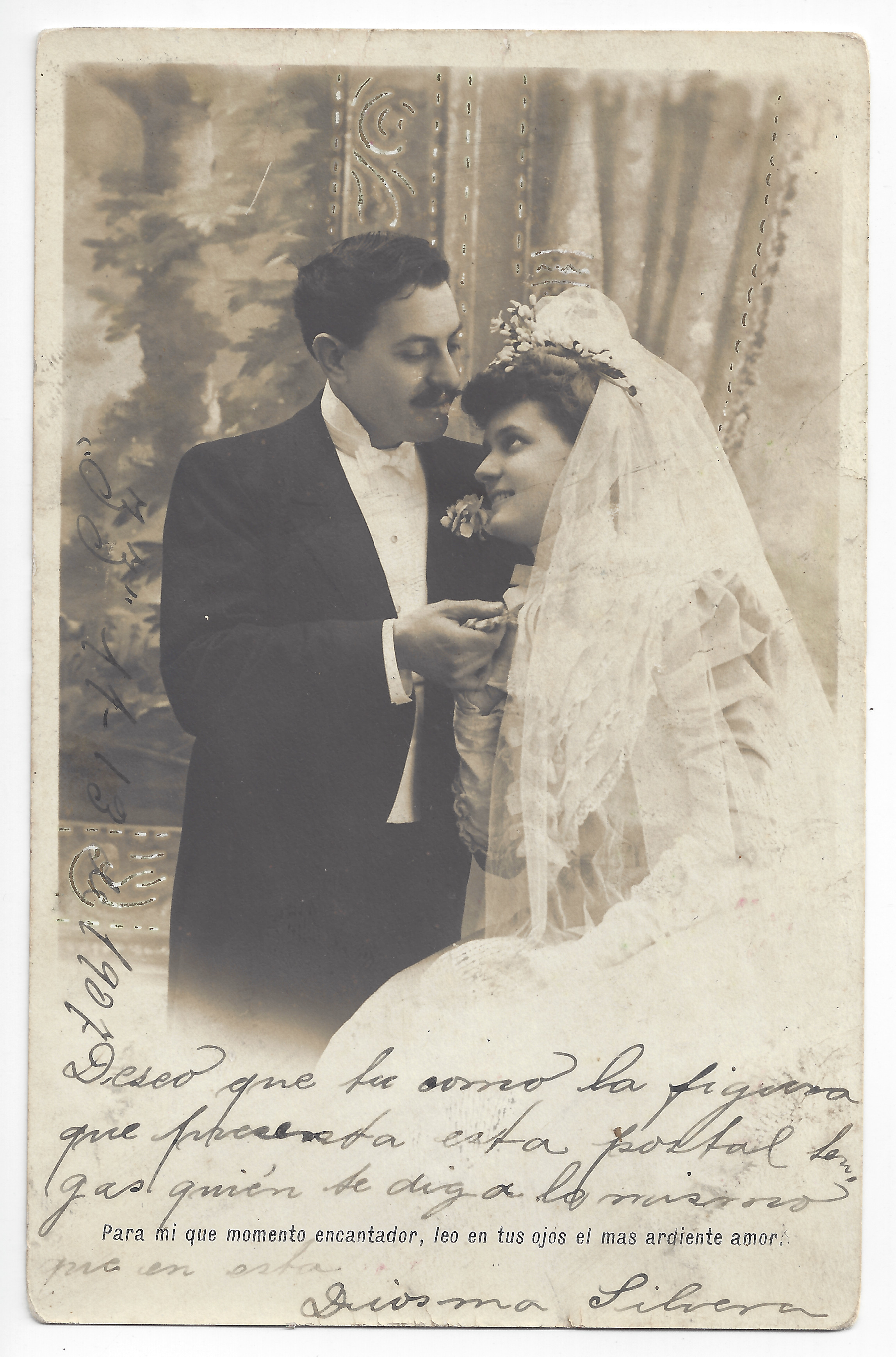 A bride and a groom looking at each other; sepia; handwritten and printed text. 