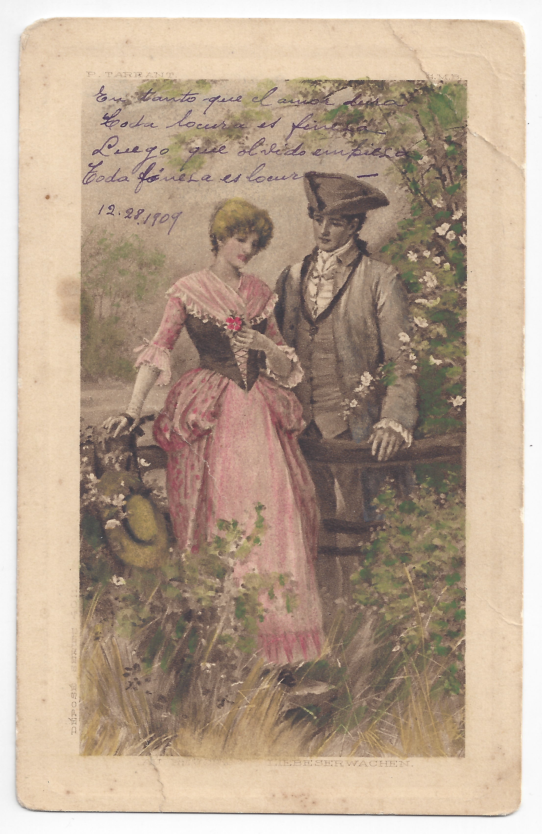 A couple leaning on a fence; color (hand-coloring); handwritten text.