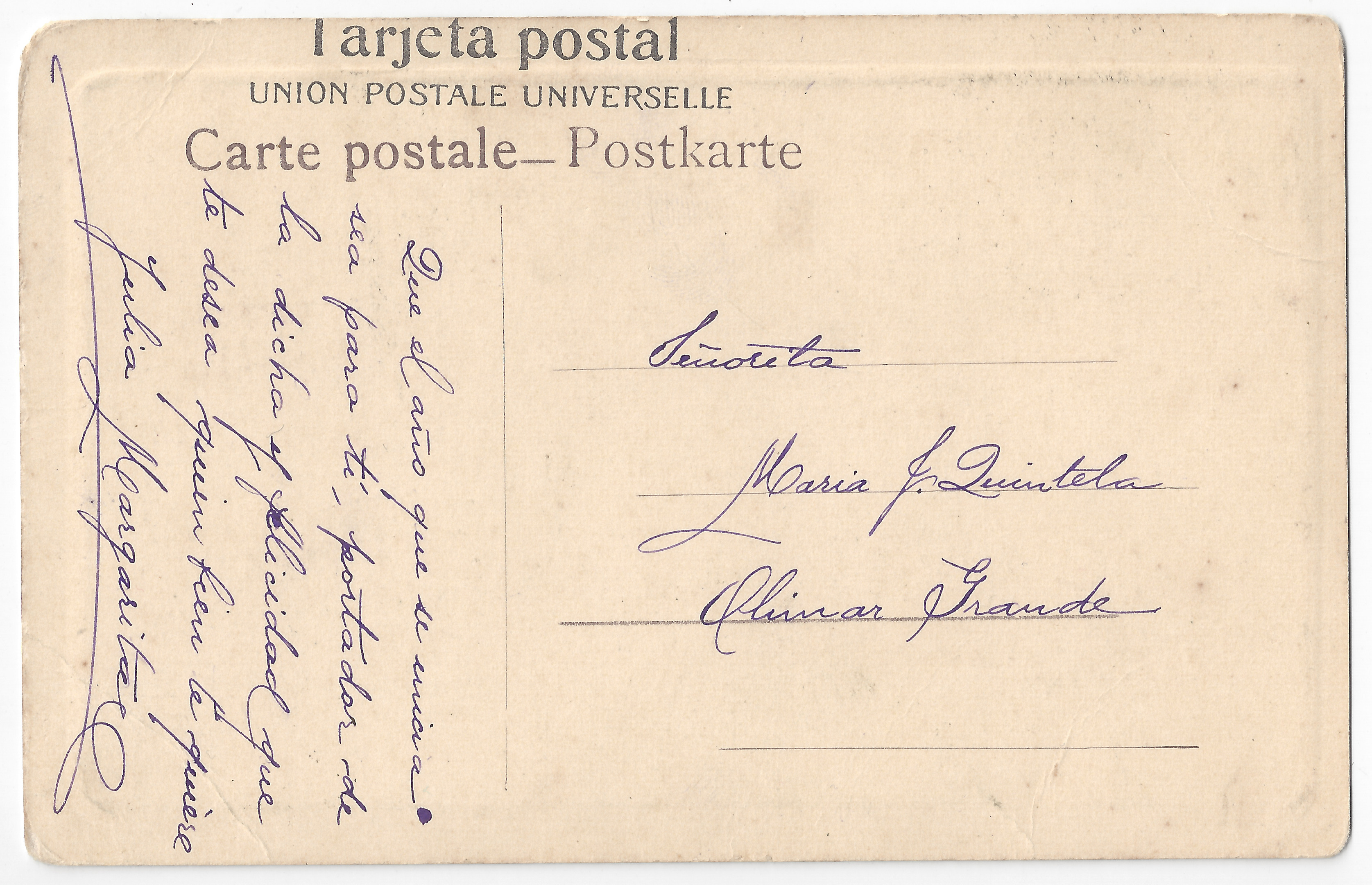 Handwritten text: message, recipient and address.