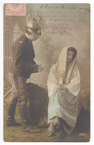 A man offering flowers to a woman; color (hand-coloring); handwritten text; part of a stamp.