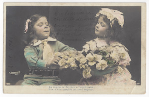 A picture of two children holding a flower basket; color (hand-coloring); handwritten and printed text.