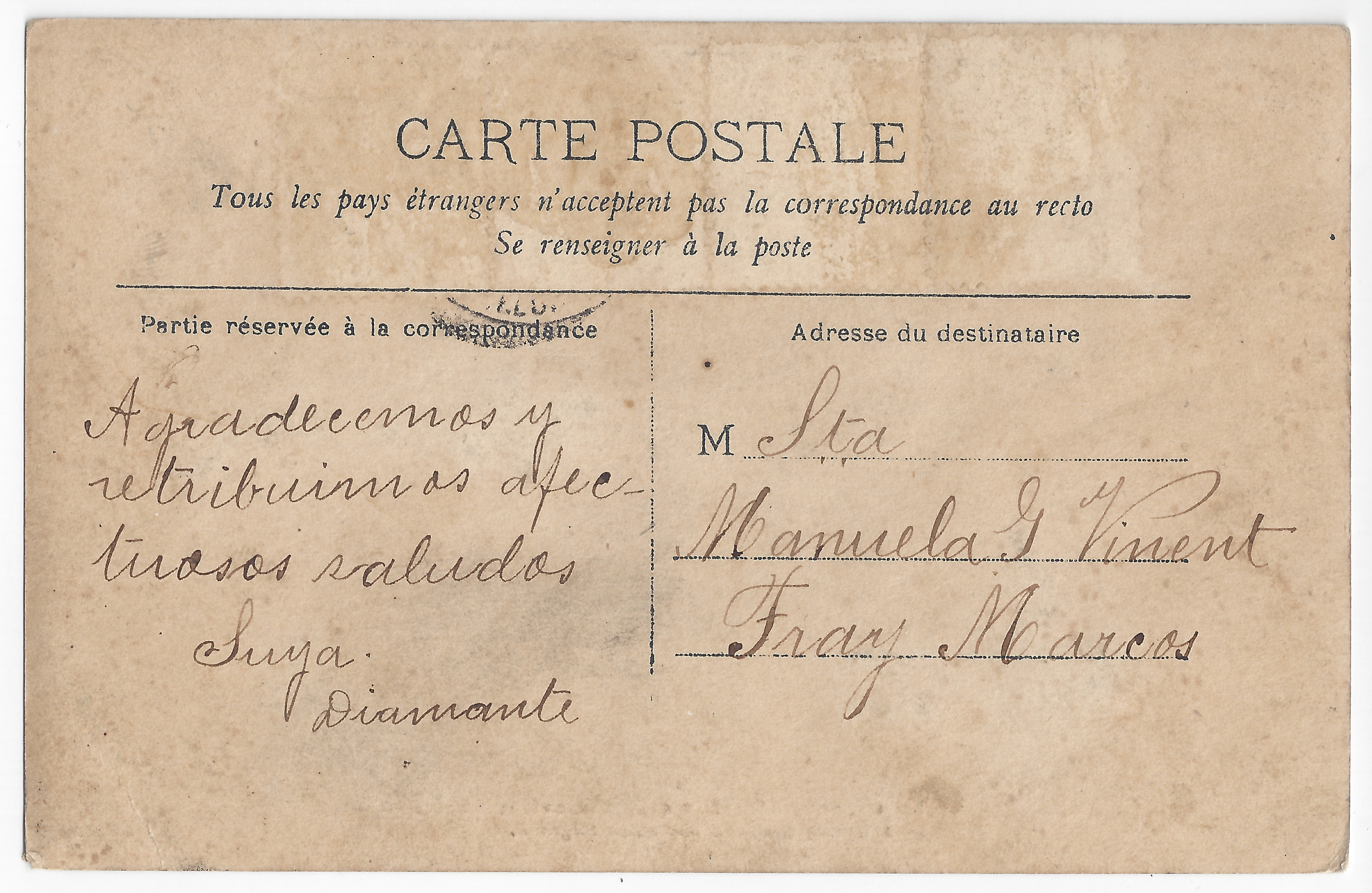 Handwritten text: message, recipient and address.