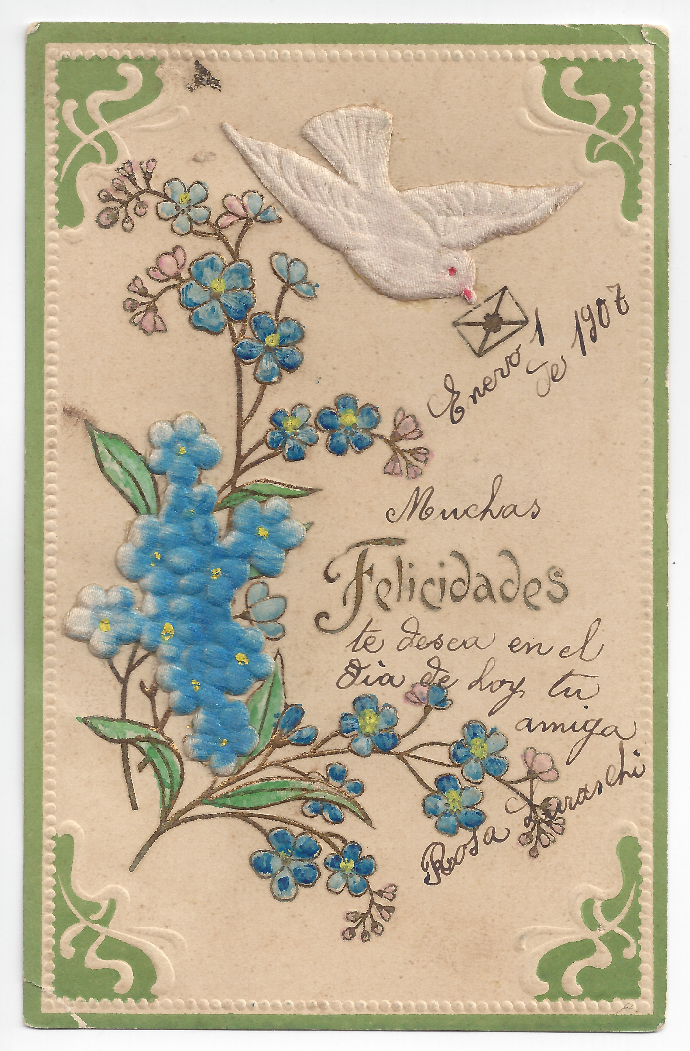 Postcard to Paula Grand - Front A dove carrying a letter (pasted) and blue flowers; color and relief; handwritten and printed text.