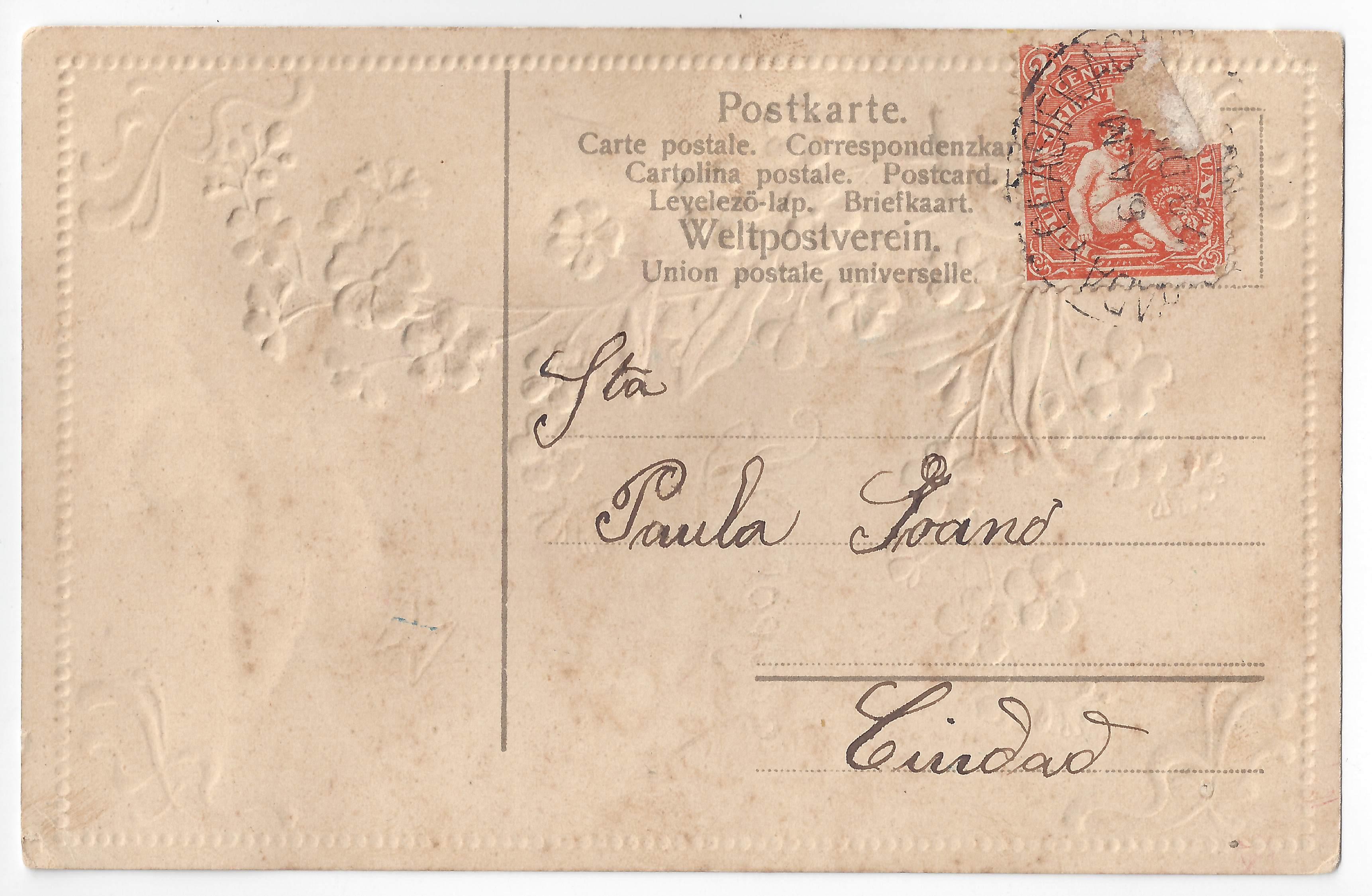 Postcard to Paula Grand - Back Handwritten text: recipient and address; one stamp.