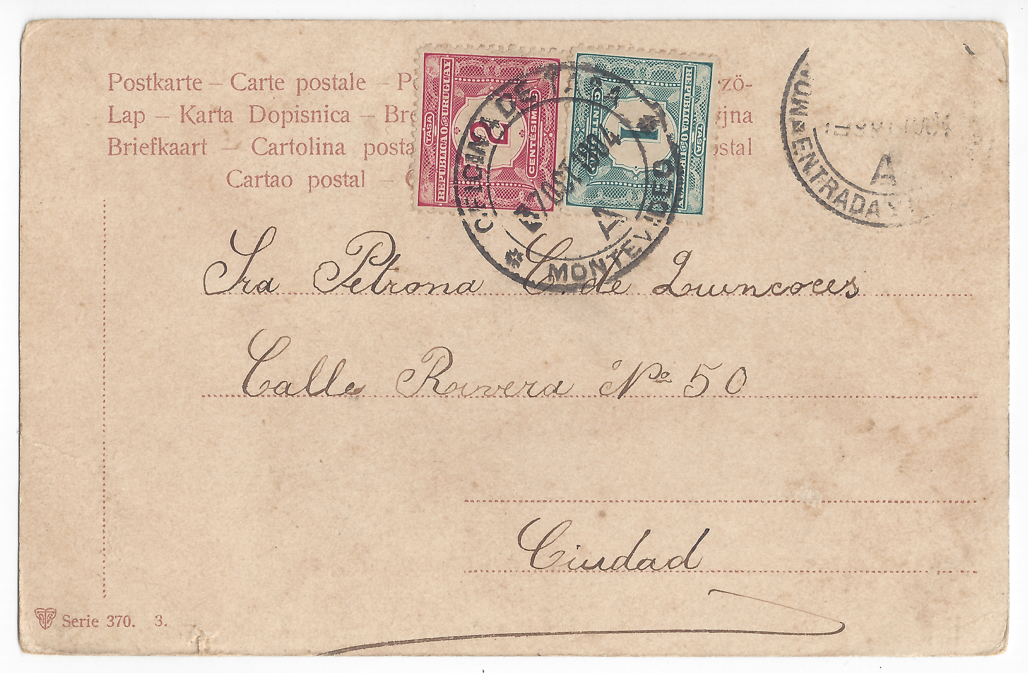 Handwritten text: recipient and address; two stamps.