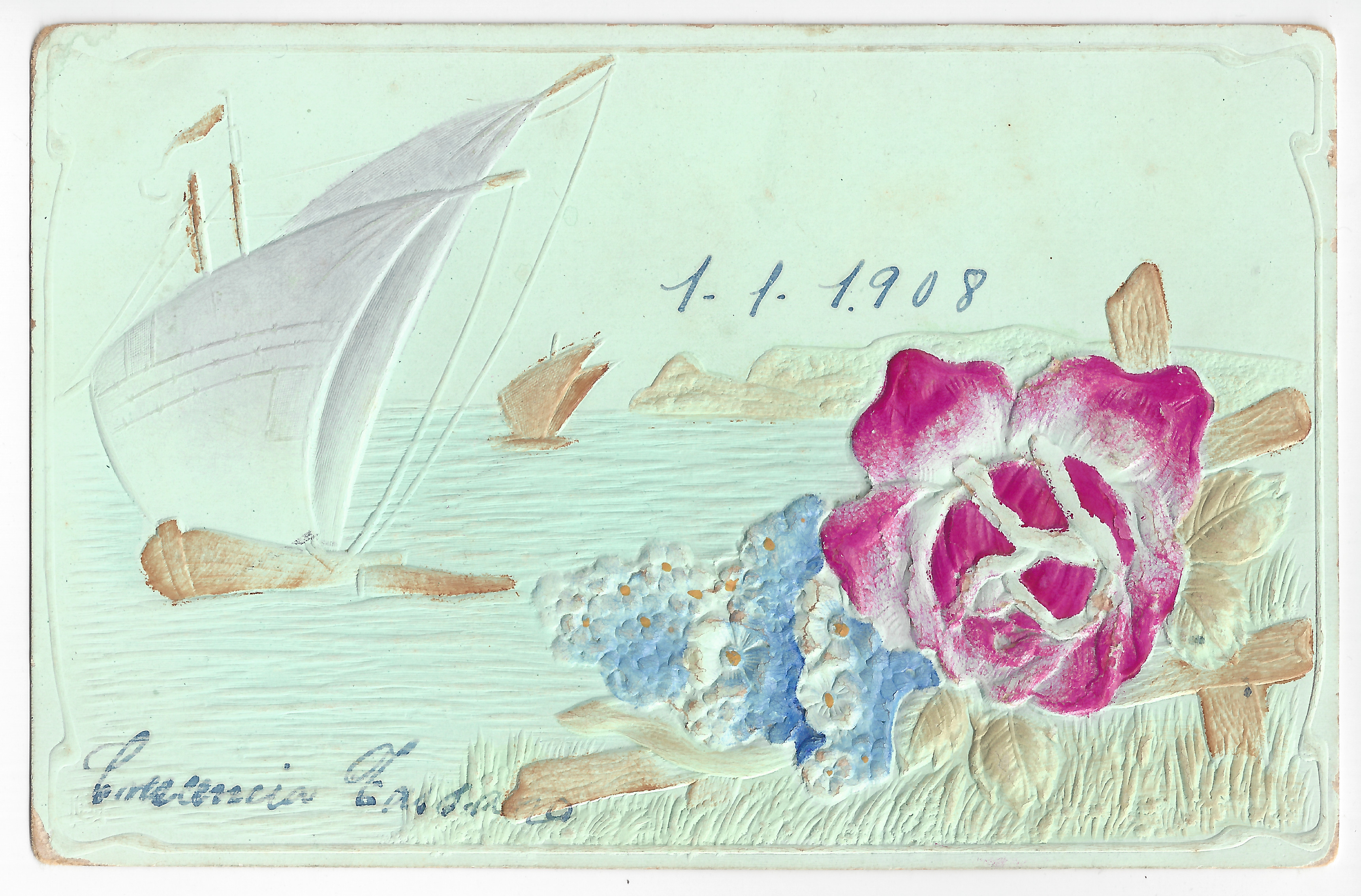 Flowers in the foreground and sailboats in the sea in the background; color (hand-coloring) and relief; handwritten text. 