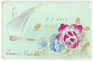 Flowers in the foreground and sailboats in the sea in the background; color (hand-coloring) and relief; handwritten text. 
