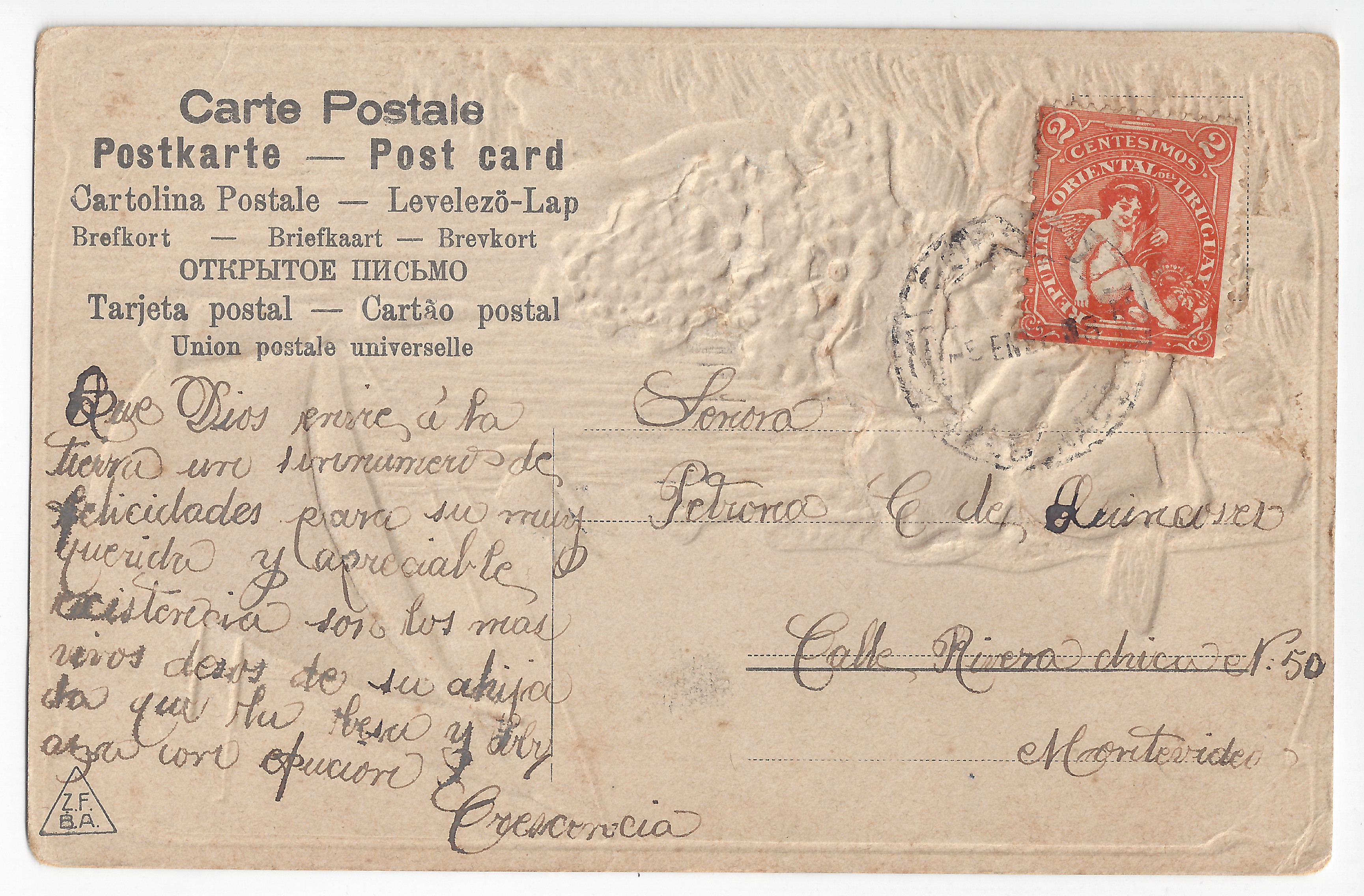 Handwritten text: message, recipient and address; two stamps. 