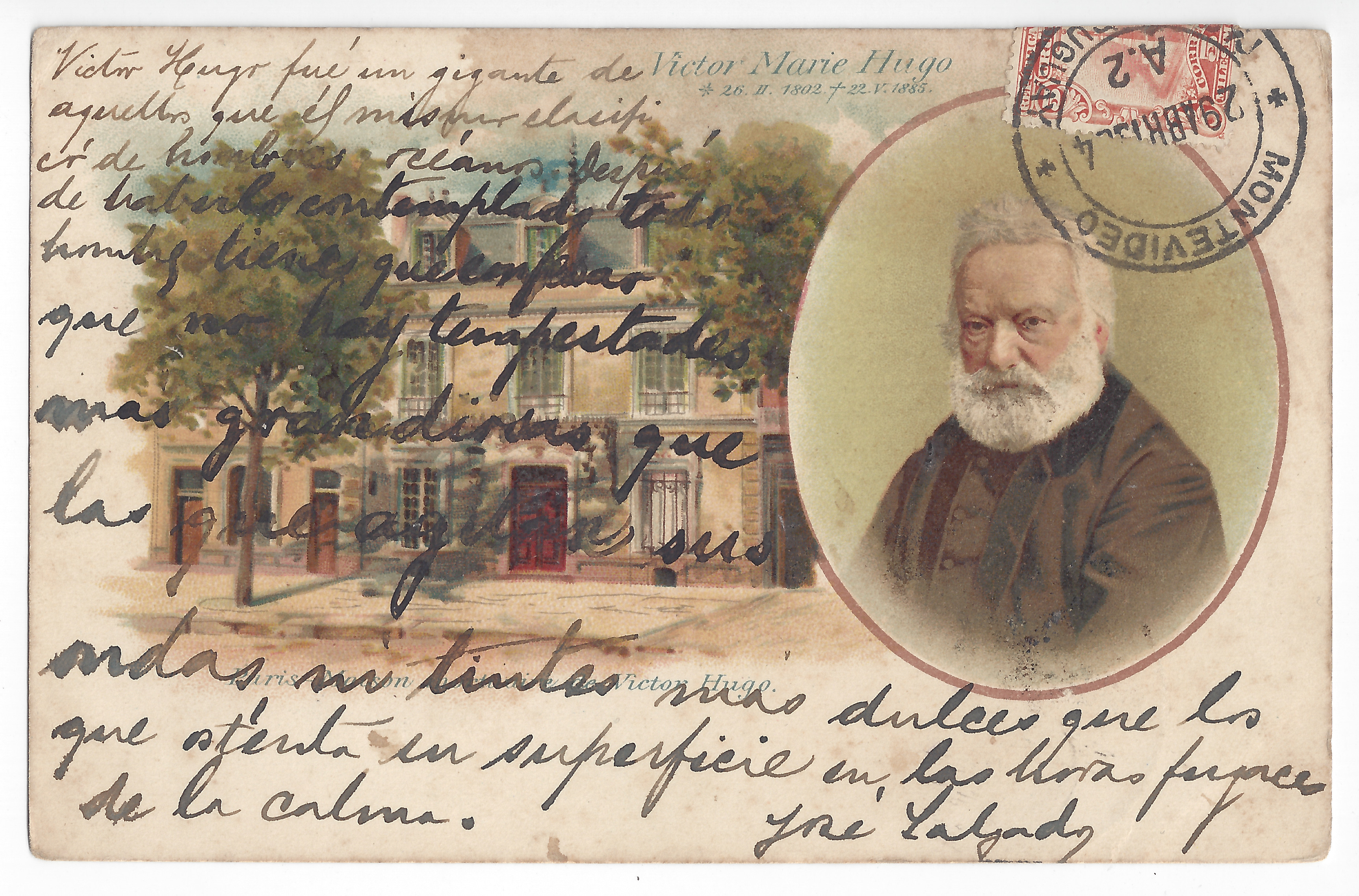 Victor Hugo themed postcard: his portrait and house; color; handwritten text; part of a stamp.
